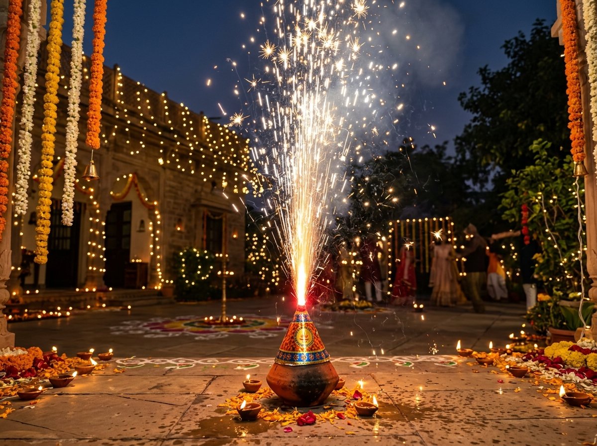 Golden shower of sparks from traditional Sivakasi flowerpot anar